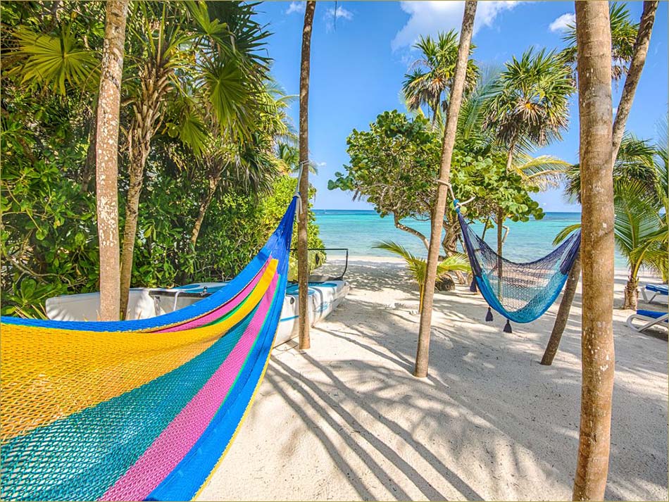 Beachfront hammocks and catamaran.